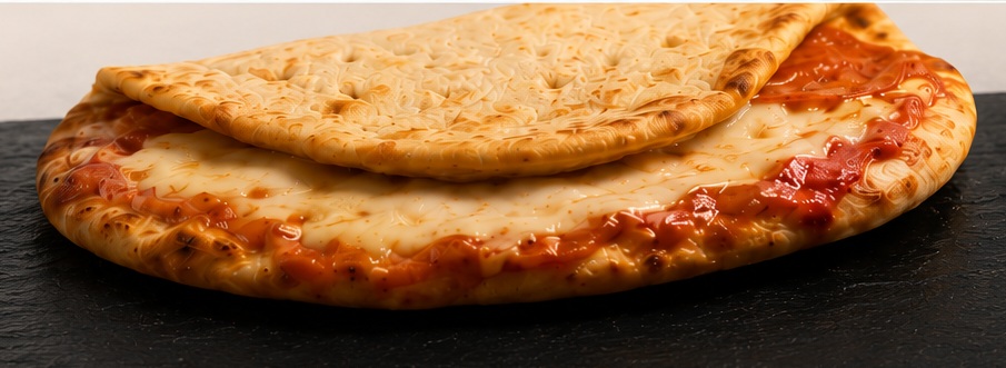Folded cheese naan pizza with melted mozzarella on kraft paper
