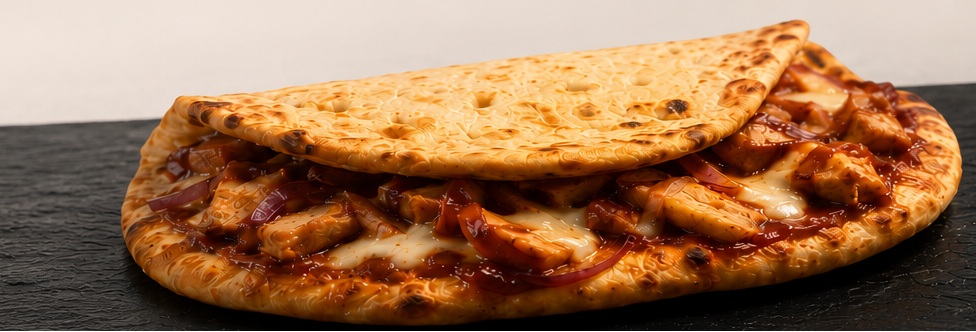 Folded naan pizza filled with BBQ chicken, melted cheese and red onion