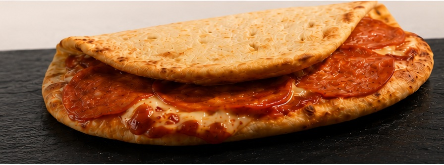 Folded pepperoni naan pizza with melted mozzarella on kraft paper