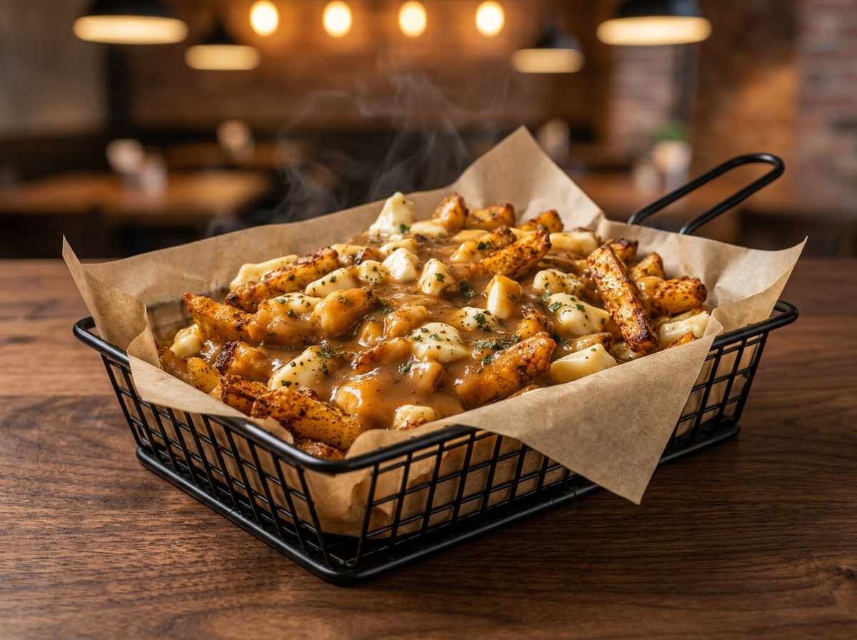 Golden fries topped with brown gravy and cheese curds in a kraft carton