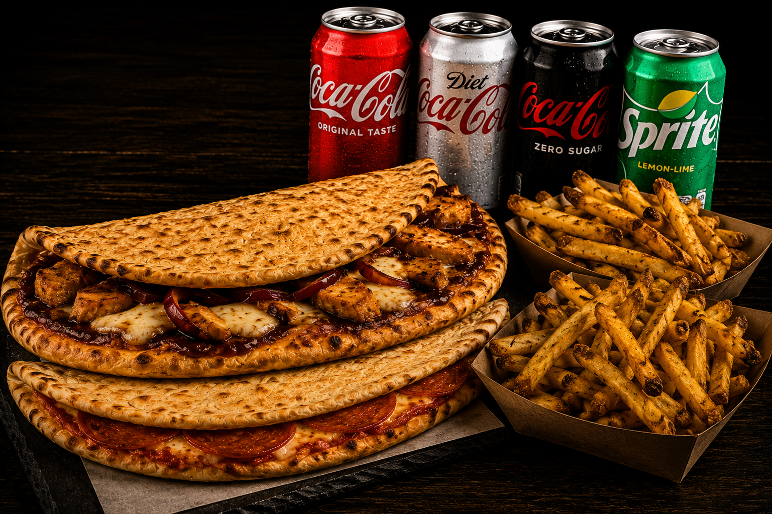 Two stacked folded naan pizzas — BBQ chicken and pepperoni — with two cartons of fries and four canned sodas on a dark tabletop