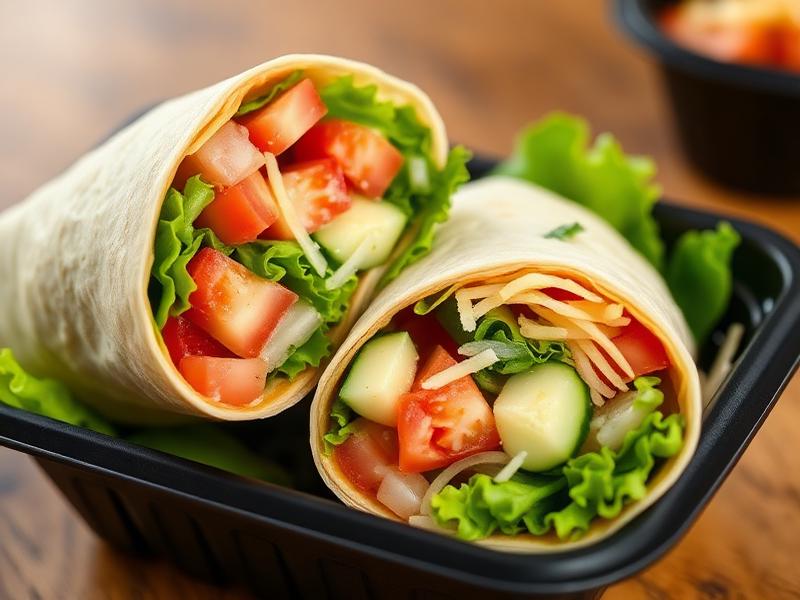 Sliced garden wrap with lettuce, tomato, cucumber and shredded cheese